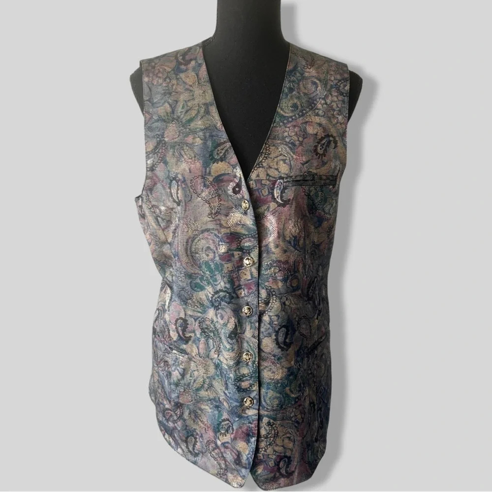 Vintage Cleo Shimmer Paisley Print Long Length Vest Made in Canada